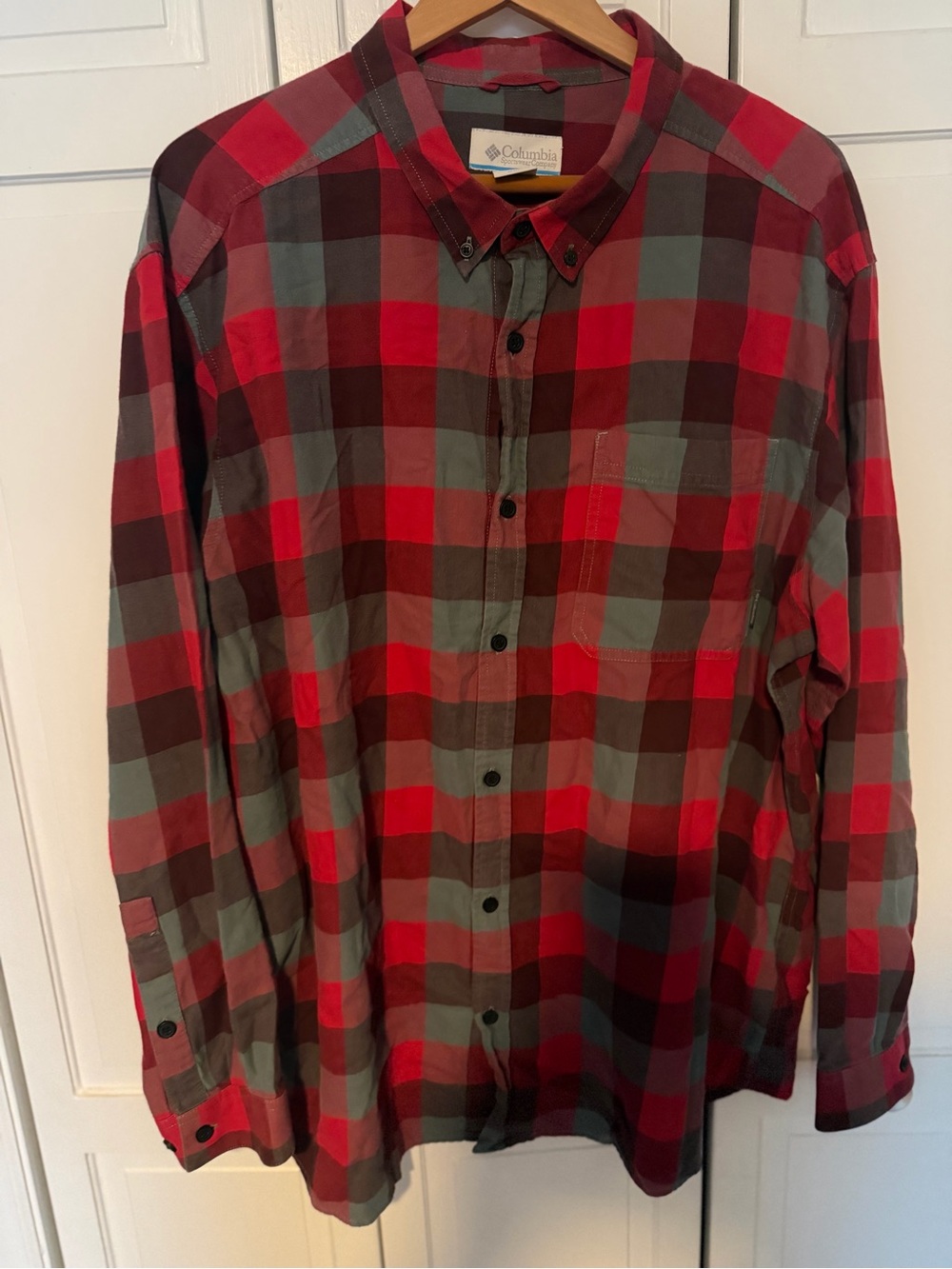 Columbia Mens XXL Plaid Shirt Red Gray 100% Cotton Button Down Outdoor
